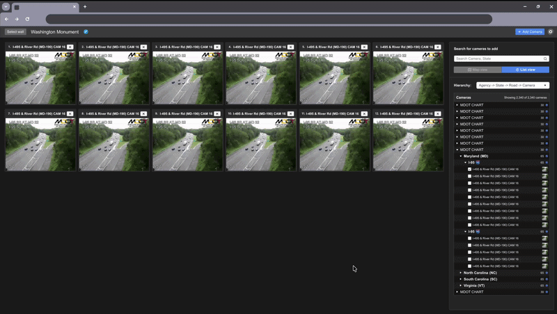 Redesigned unified camera wall showing a named wall called Washington Monument with 12 organized camera feeds and a sidebar for searching, filtering, and adding cameras by agency, state, and road hierarchy
