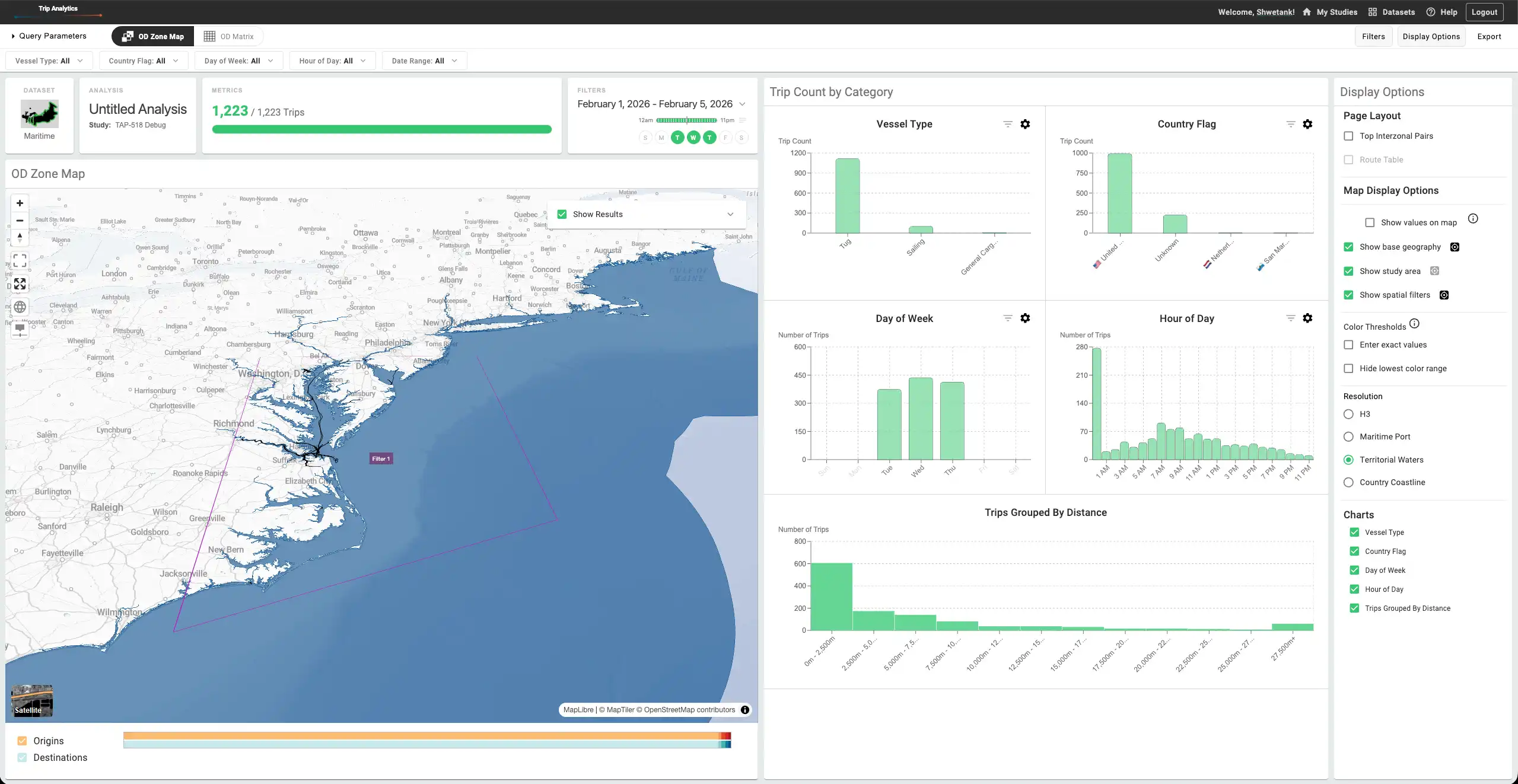 Maritime Trip Analytics dashboard showing OD Zone Map with hexbin vessel density visualization, query parameters for vessel type and country flag filtering, cross-filtered charts for trip count by category, day of week, hour of day, and distance, with display options panel for map and chart configuration